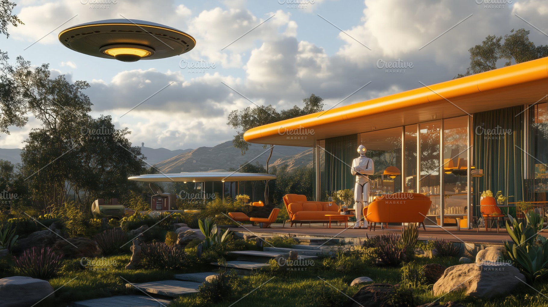 A futuristic landscape featuring a modern home with large glass windows and ora, an Arts & Entertainment Photo by Textures & Backgrounds
