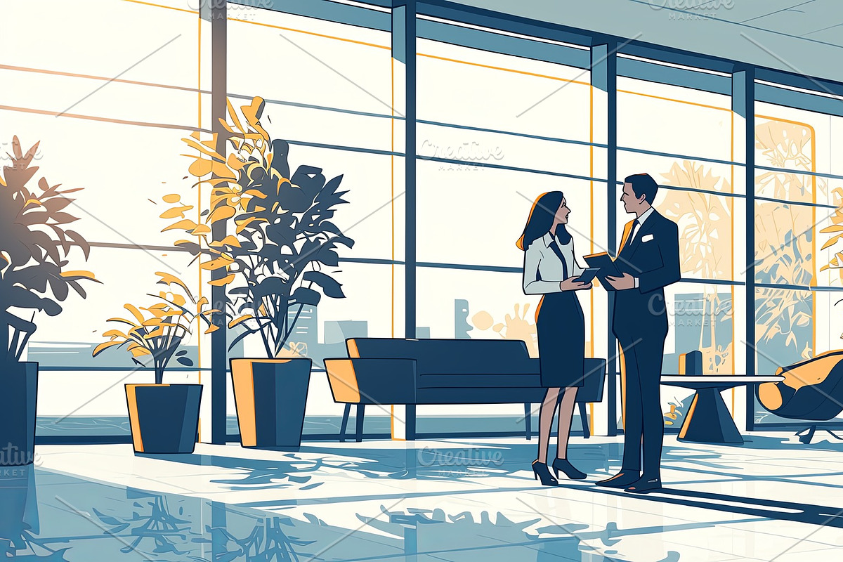 Two professionals discussing work in modern office lounge with natural lighting, an Illustration by AS photostudio