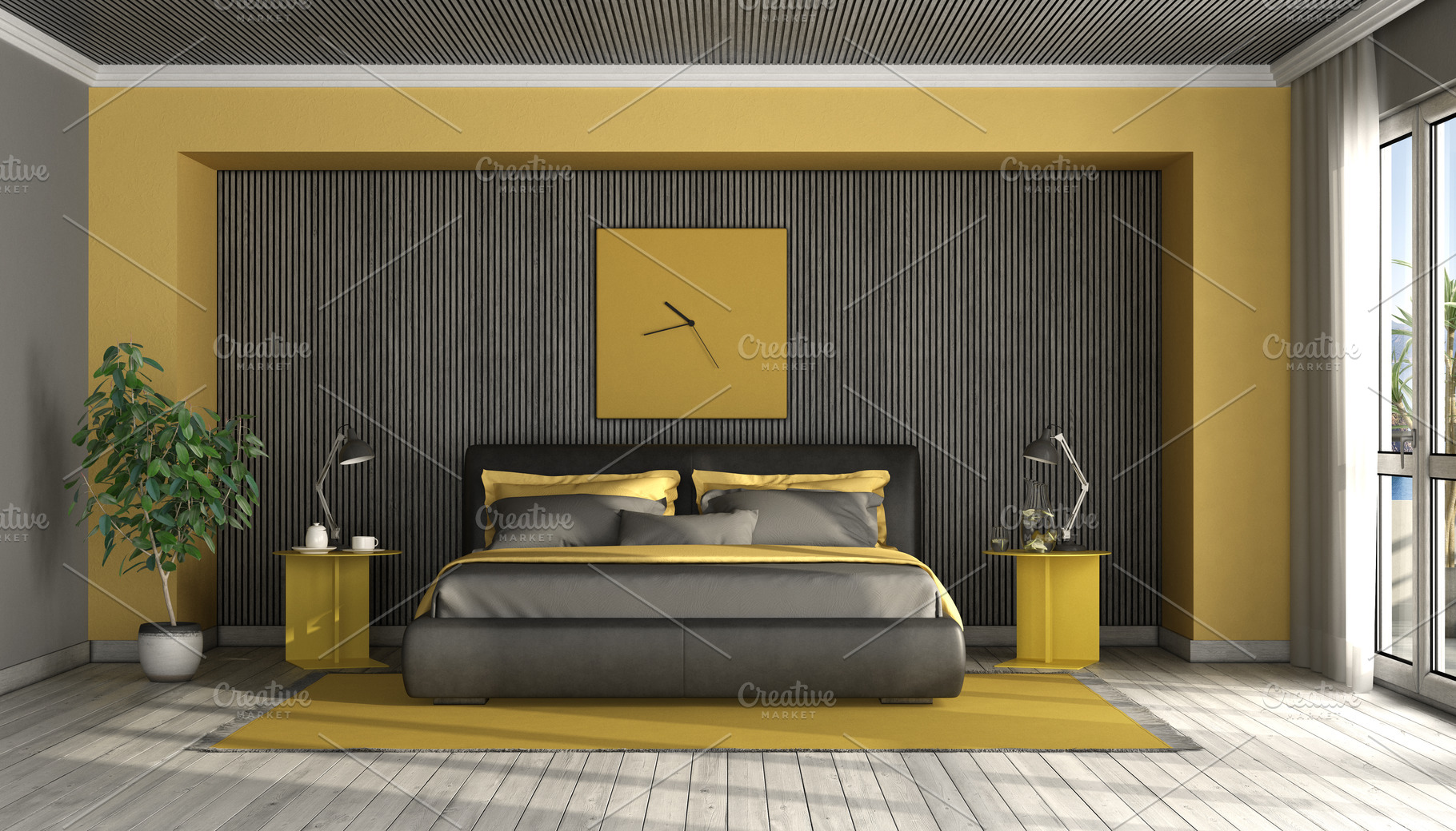 Black and yellow modern master bedro, an Architecture Photo by Archideaphoto