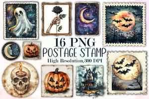 Vintage Halloween Postage Stamp Clip, an Illustration by Sublimation Artist