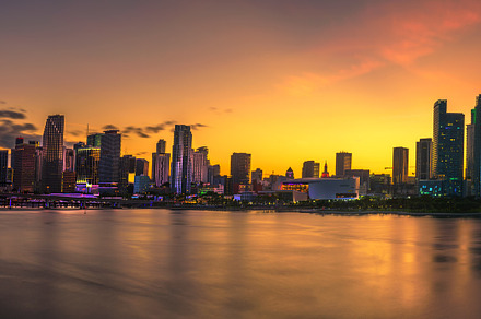 Sunset above downtown miami skyline containing miami, skyline, and sunset, an Architecture Photo by Nick Fox