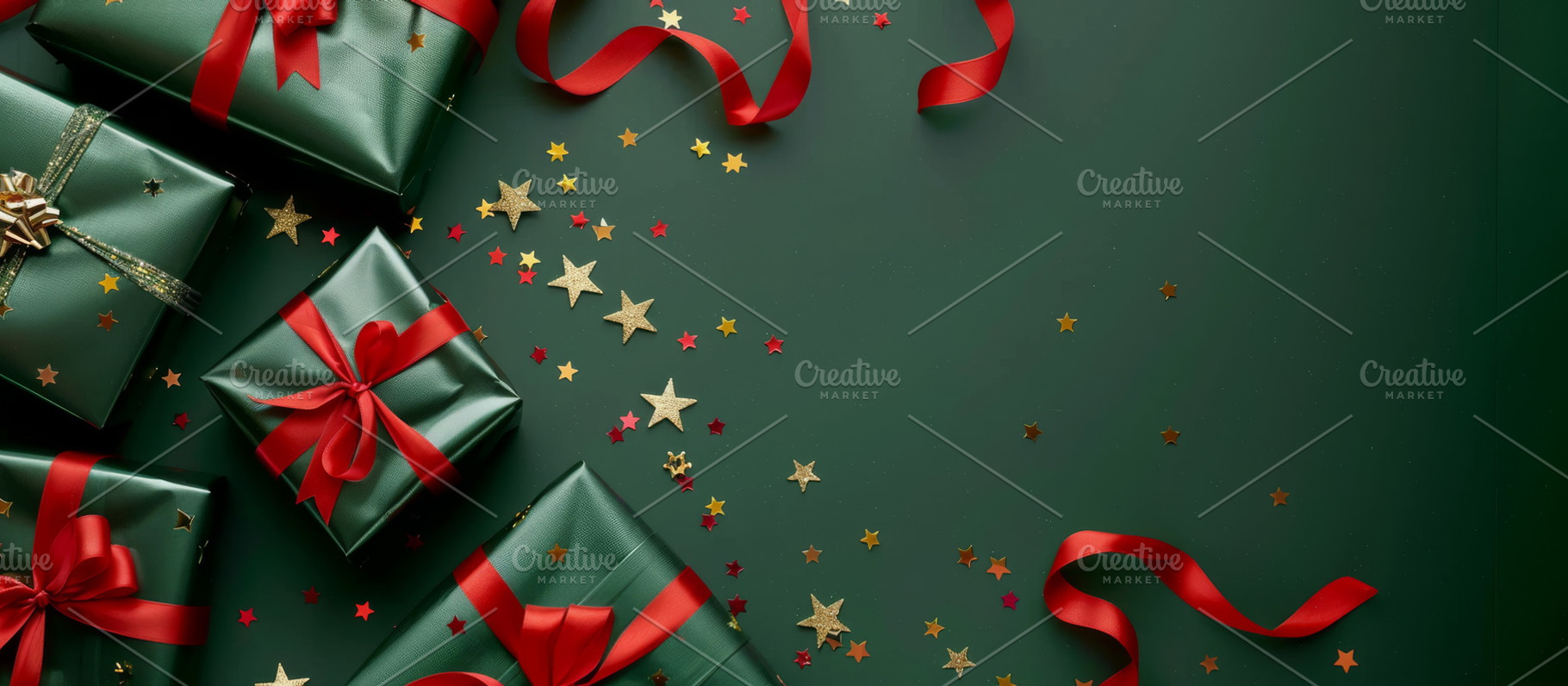 Festive green gifts with red and gold ribbons amidst golden star, a Holiday Photo by Mashimara