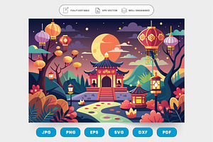 a chinese landscape with lanterns an, a Graphic by SaroStock