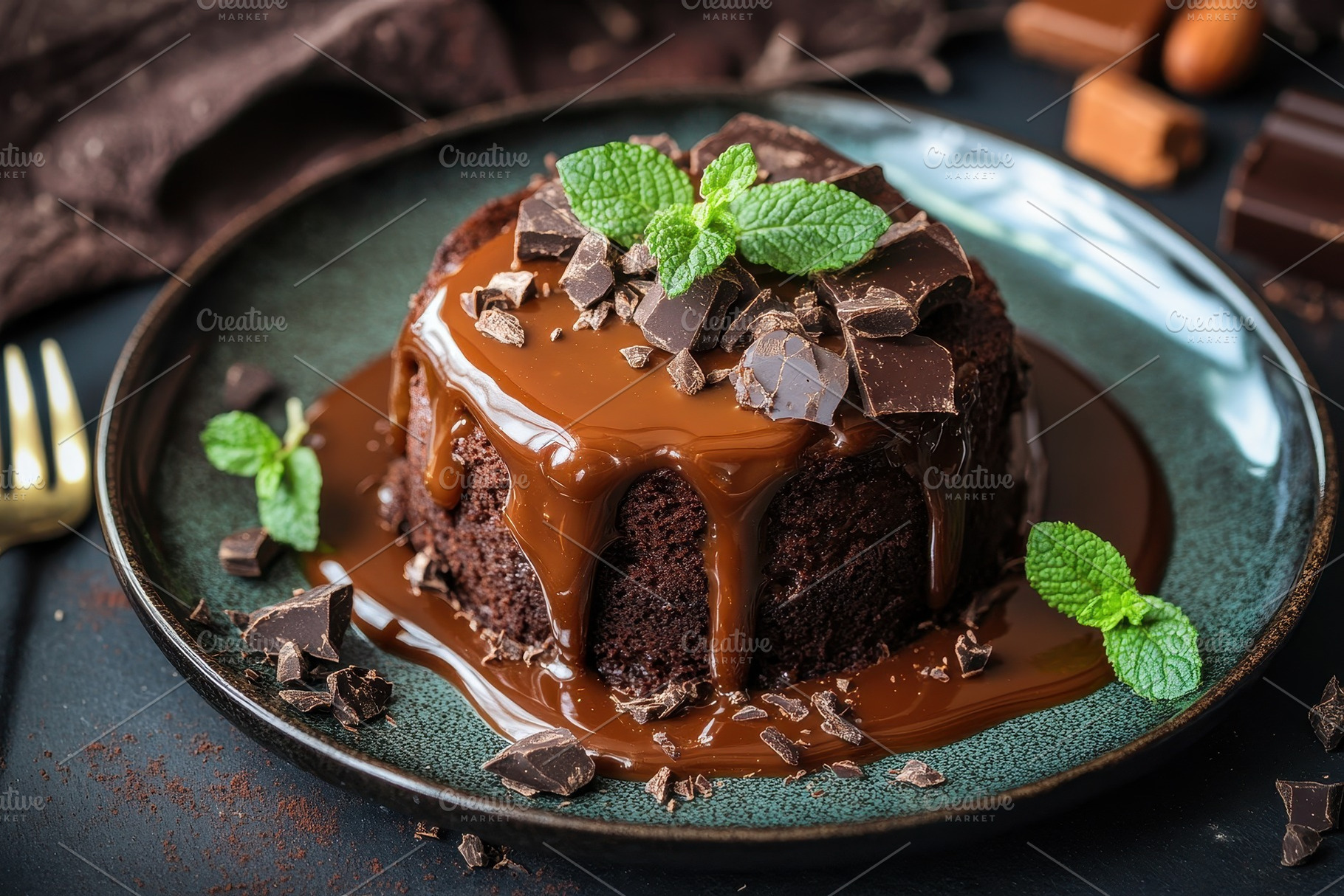 A rich chocolate dessert drizzled, a Photo by Pavel_design