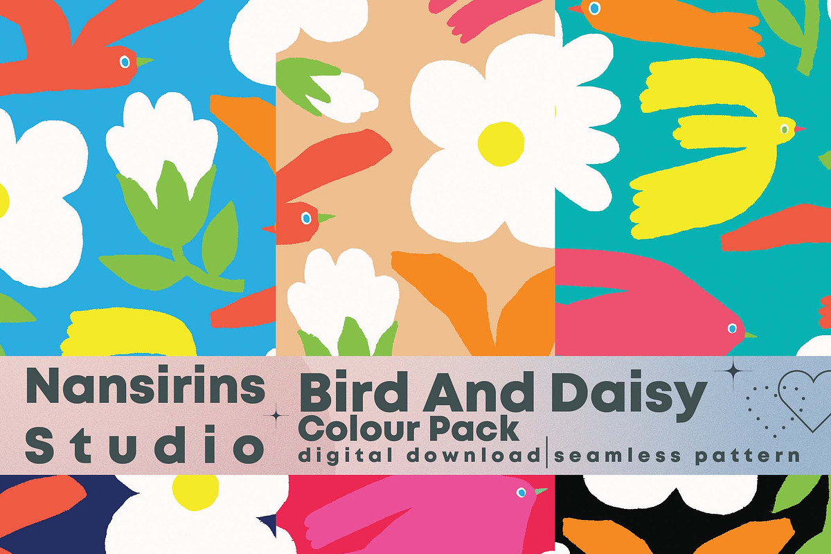 Bird and Daisy Seamless Pattern Set, a Pattern Graphic by Nansirins Studio (Photo 1 of 9)