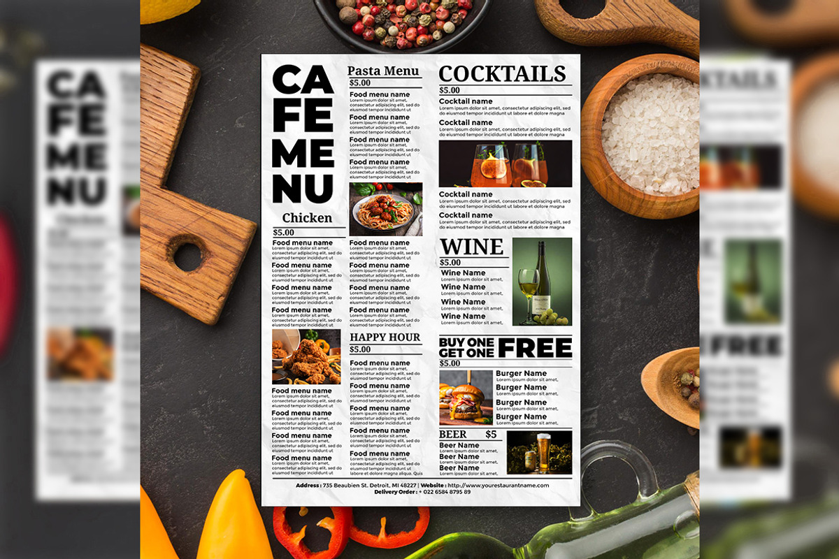 White restaurant menu, a Flyer Template by imadeDesign
