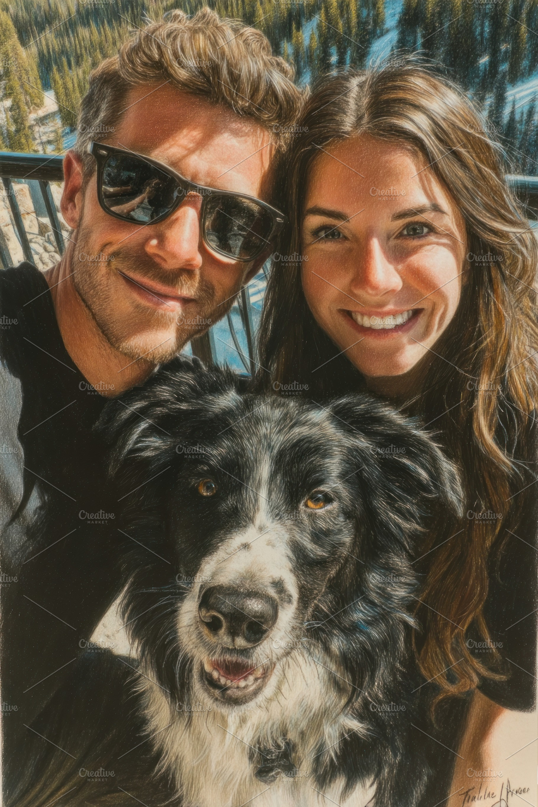 Happy Couple Taking Selfie with Border Collie in Mountain Landsc, a Person Photo by José Manuel Gelpi