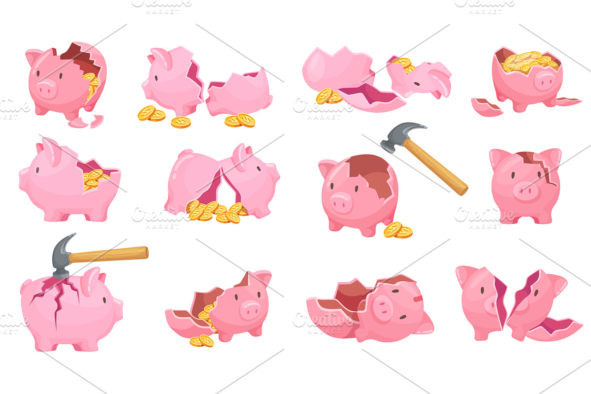 Broken piggy bank. Hammer break pig, a Finance Illustration by Stock-Smart-Start