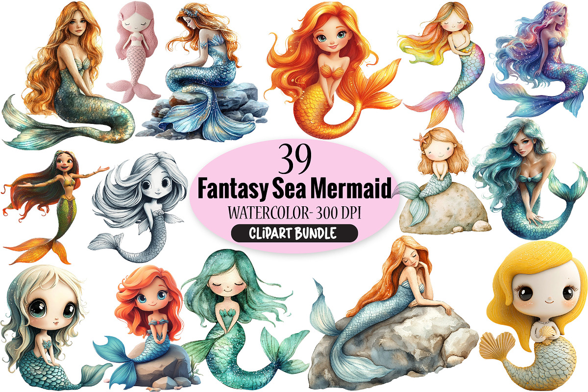 Fantasy Sea Mermaid Clipart Bundle, an Illustration by Pixels.Craft (Photo 1 of 6)