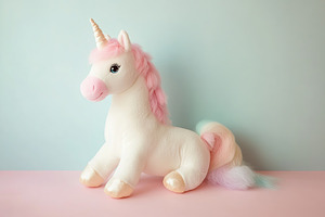 Soft plush unicorn sitting on a pastel surface with a dreamy background design, a Beauty & Fashion Photo by AlyaAnd