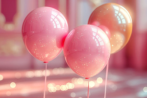 A trio of colorful balloons in pink and peach shades, softly illuminated agains, a Business Photo by ImageMir