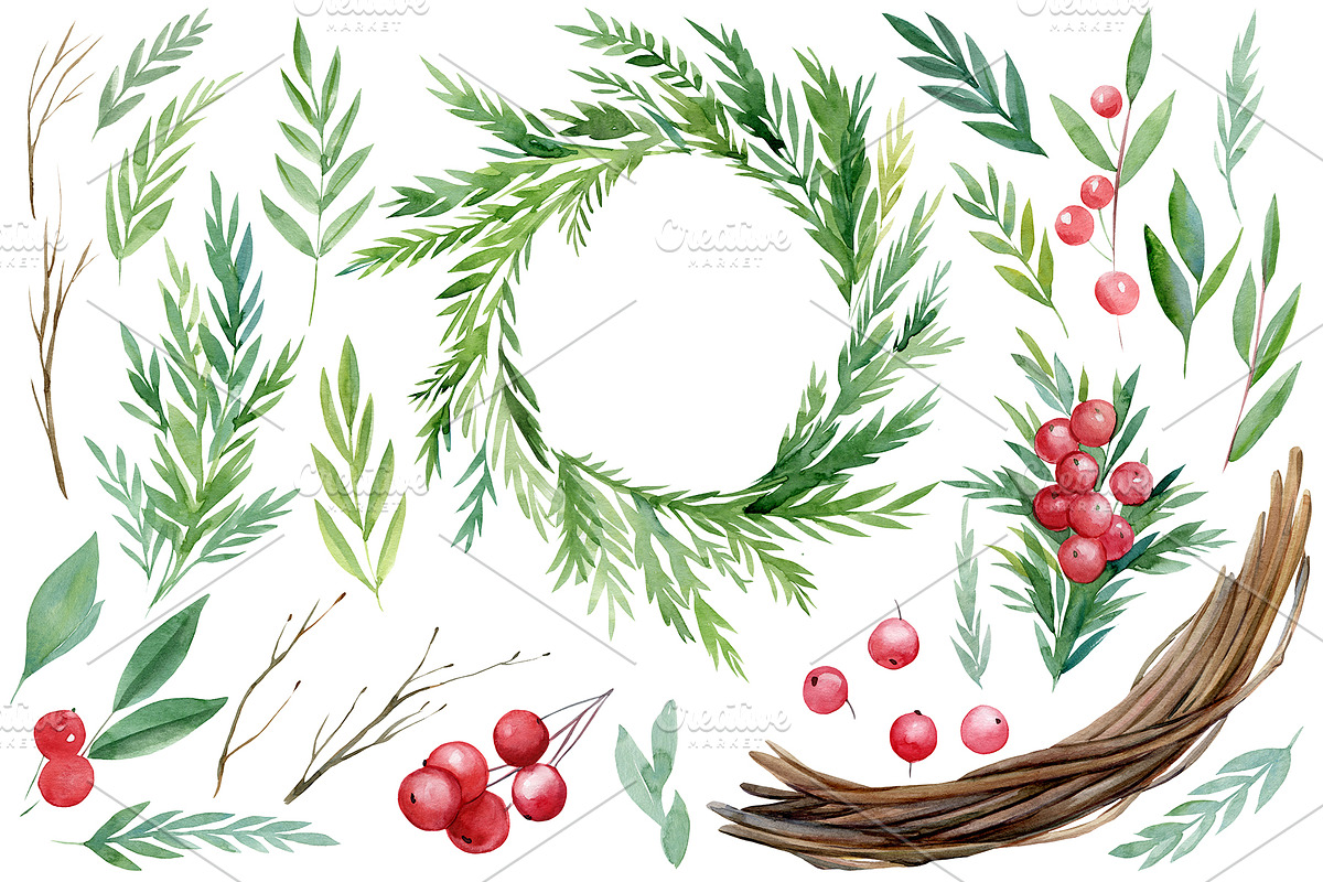 Christmas watercolor clipart, a Decorative Illustration by Hanna Hryharenka (Photo 16 of 19)