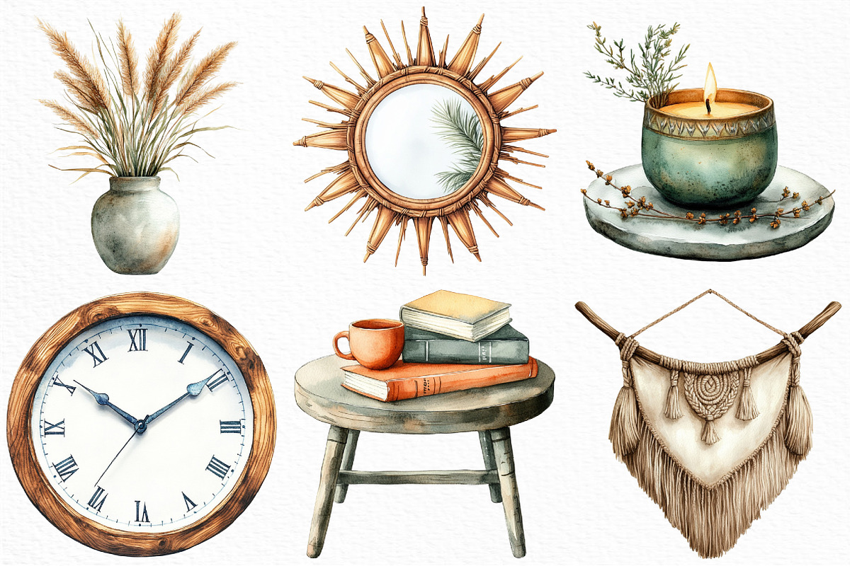 Watercolor Boho Interior Clipart, an Illustration by Craft Nest (Photo 5 of 6)