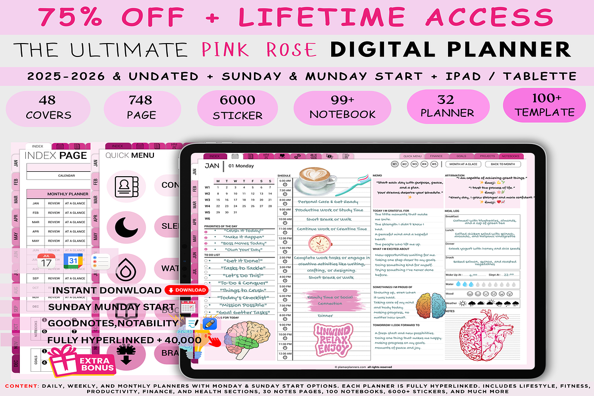 Customizable Pink Rose Digital Plann, a Templates & Theme by Plamarplanners (Photo 1 of 8)