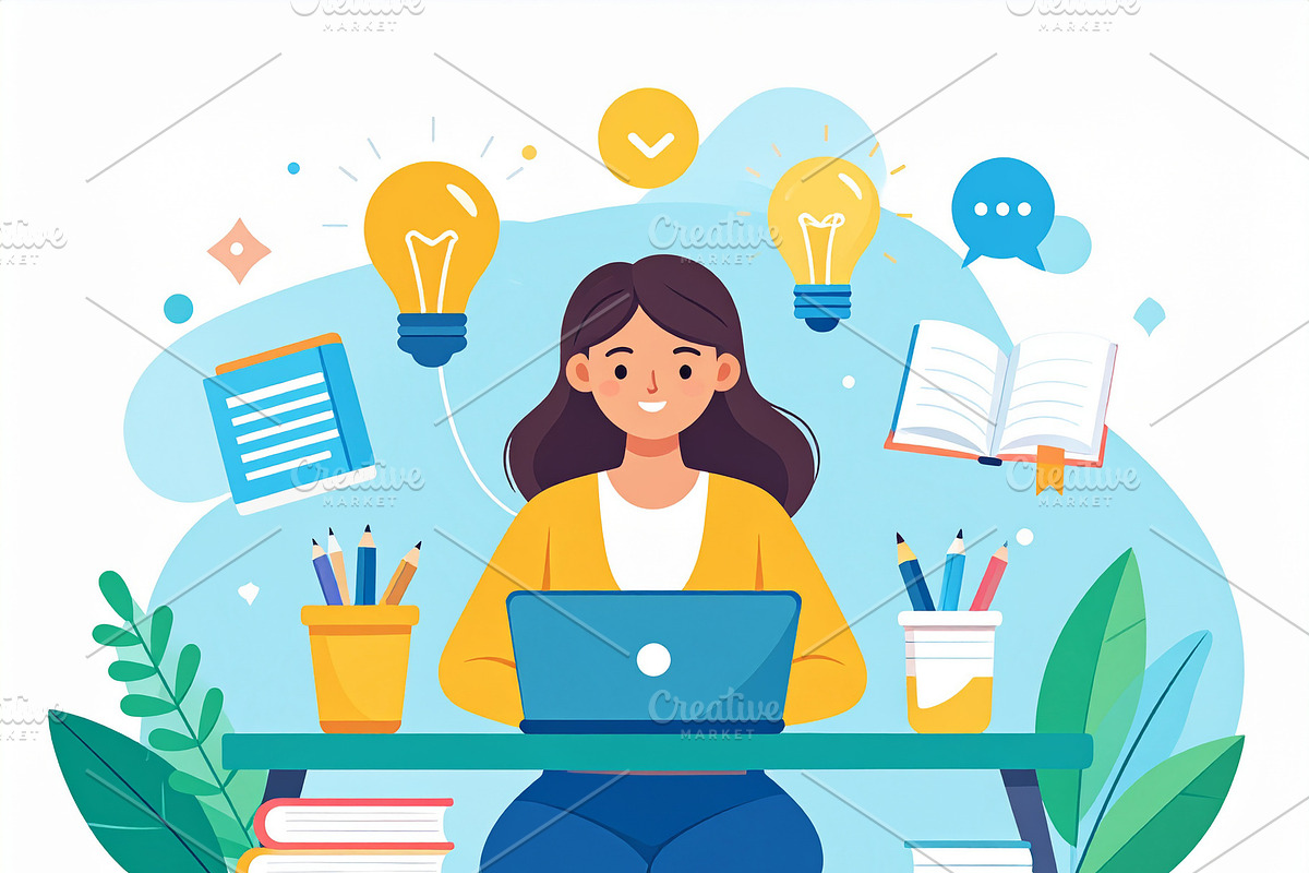 Student at a desk with a laptop with icons representing knowledg, an Education Illustration by DanFLCreativo