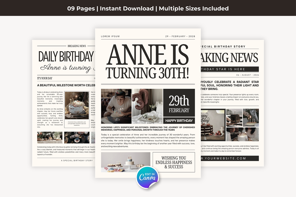 Birthday Newspaper Canva Template, a Magazine Template by Snapybiz (Photo 2 of 10)
