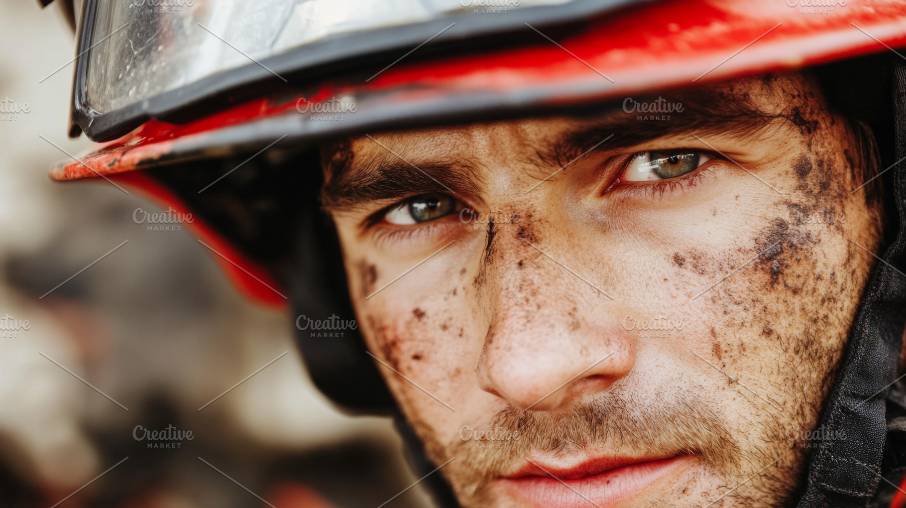 Firefighter in yellow helmet with soot-covered face and uniform,, a Photo by Dvoevnore photos