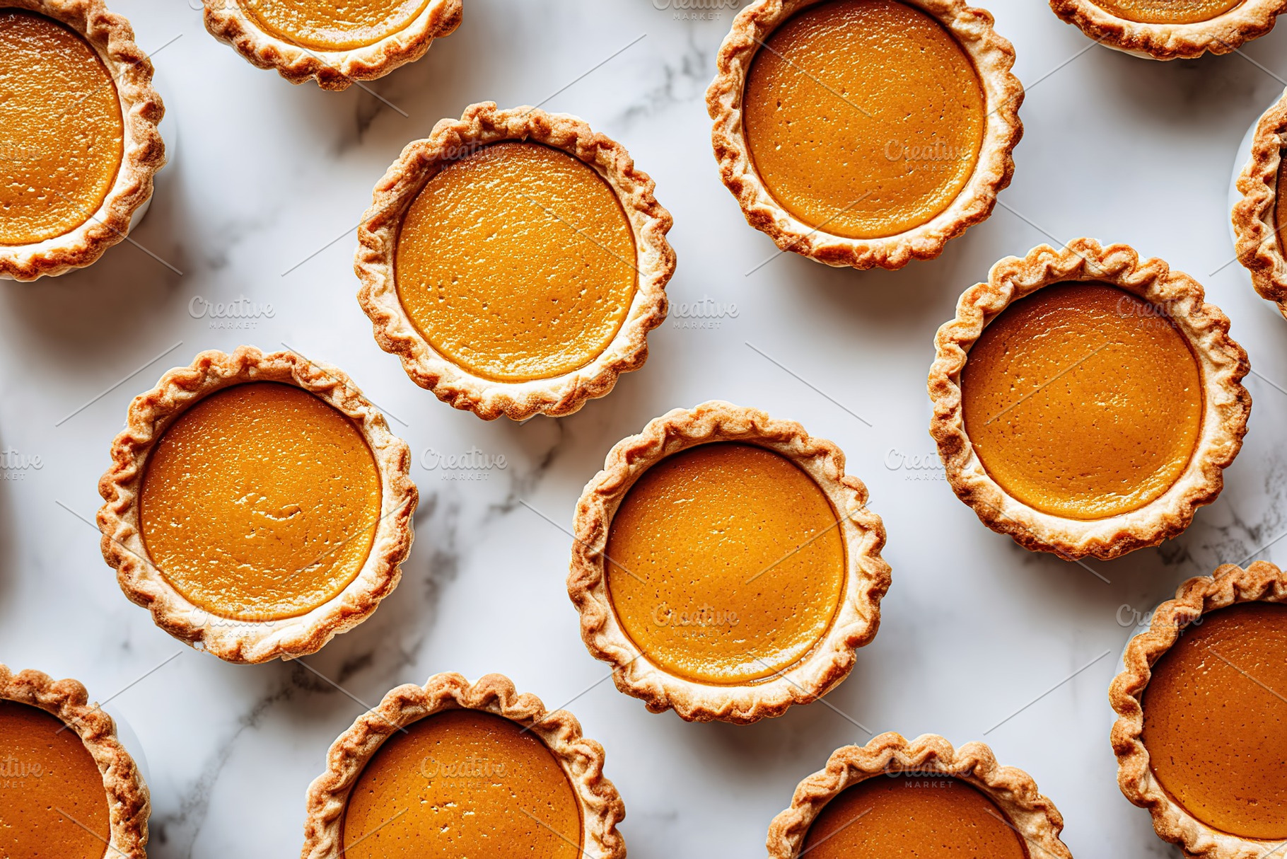 Delicious pumpkin pies arranged on marble surface, a Food & Drink Photo by AlyaAnd