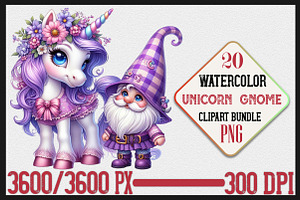 Watercolor Unicorn Gnome Clipart, a Seasonal Illustration by Craft Nest