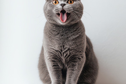 Gray cat with tongue out sitting on, an Animal Photo by Pixeness