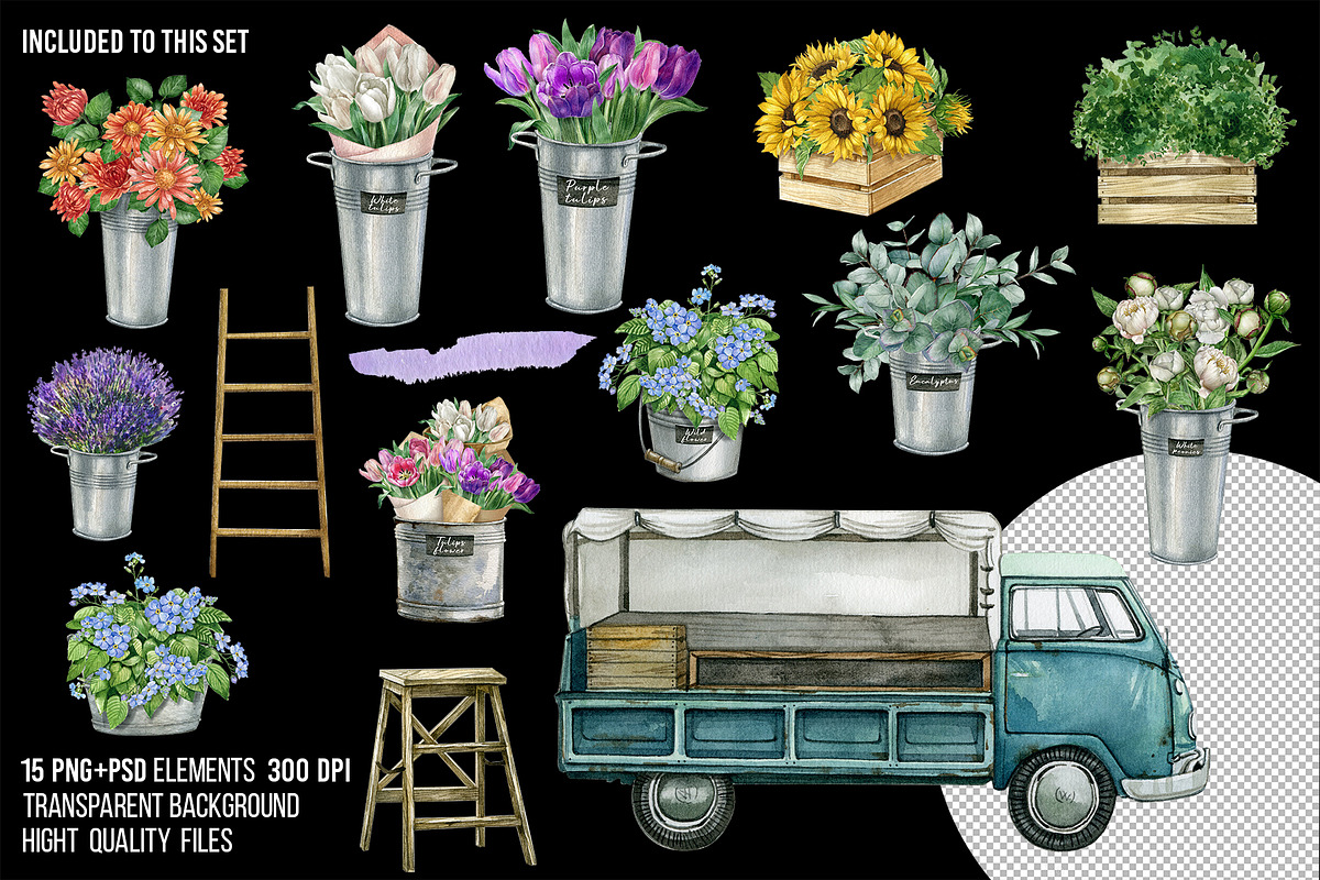 Watercolor flower shop truck cart, an Object Illustration by yana.fefelova (Photo 2 of 6)