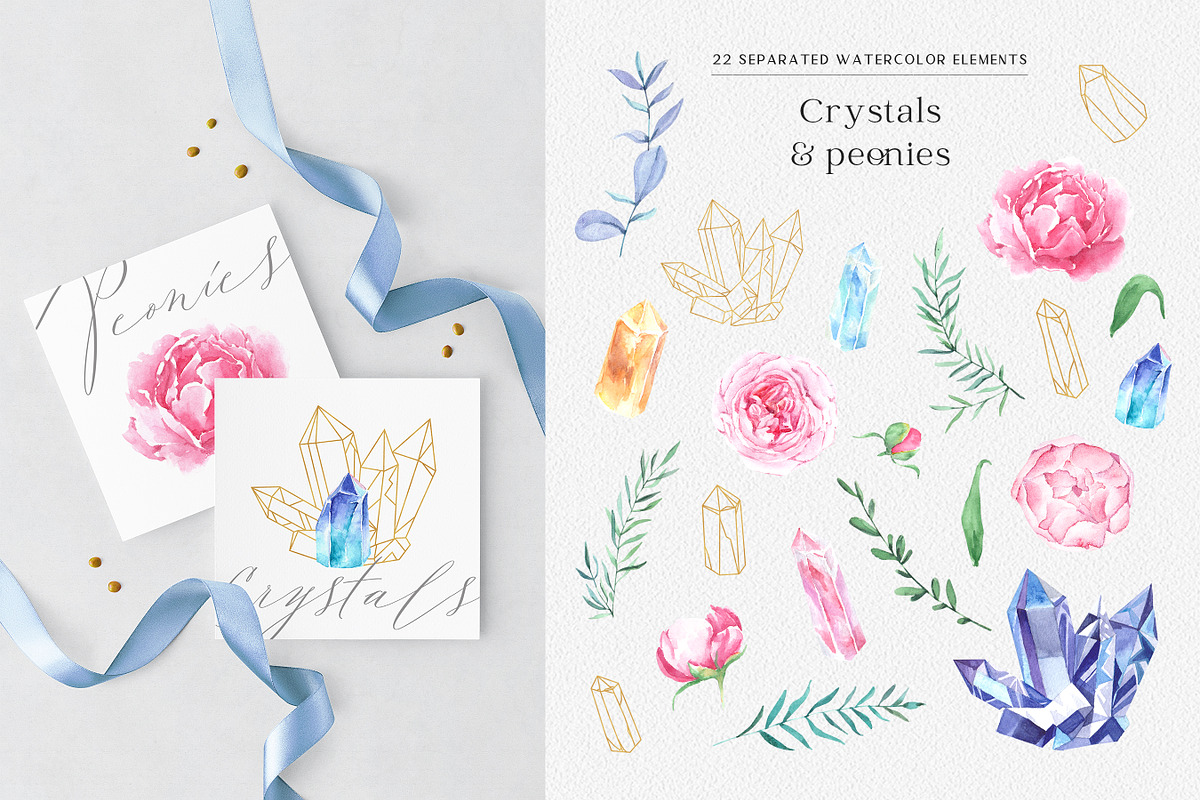 Watercolor Crystals and Peonies Set, an Illustration by SOVA (Photo 5 of 9)