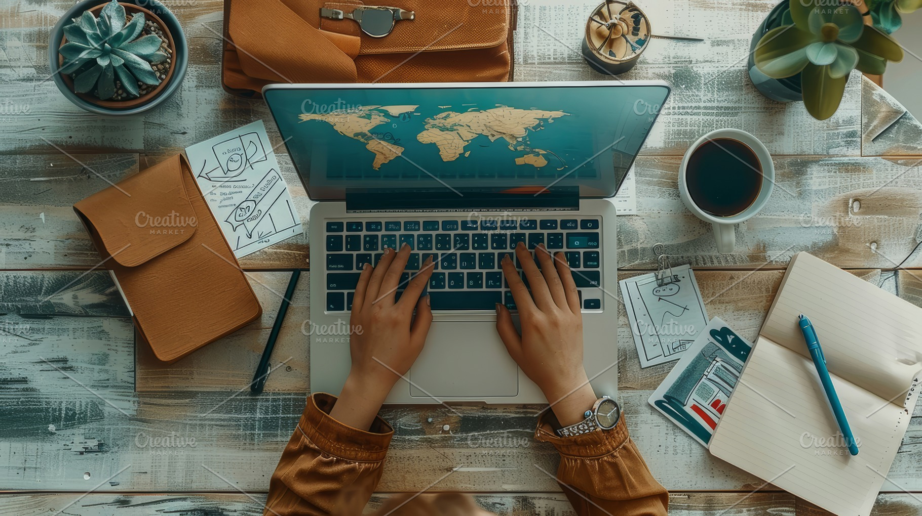 Top View of Person Working on Laptop with Business Documents and Coffee, a Photo by AS photostudio