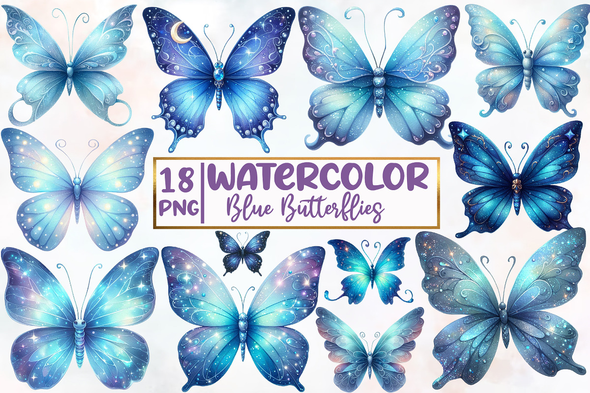 Blue Butterflies Watercolor Clipart, an Illustration by Designworld (Photo 1 of 5)