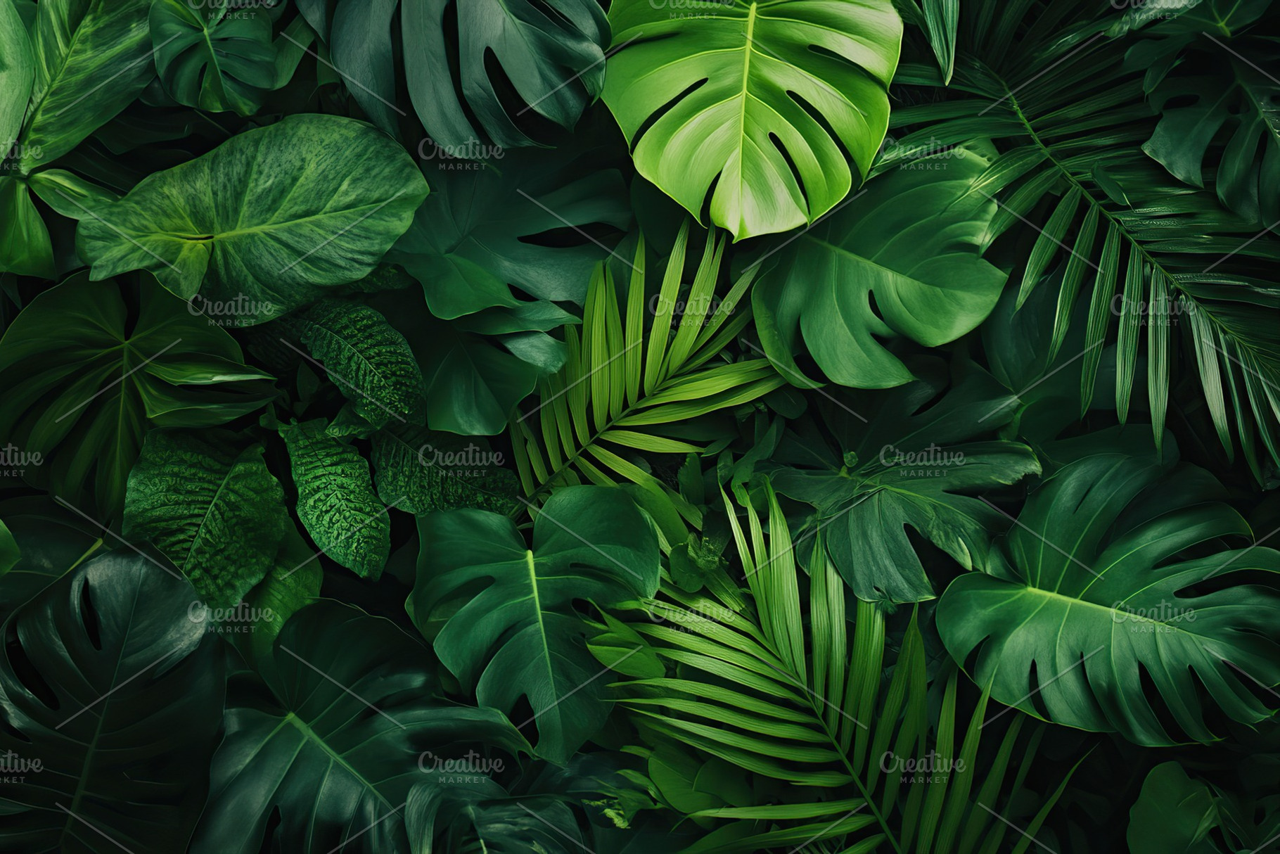 Vibrant green tropical forest leaves creating a lush and serene natural environ, a Nature Photo by AlyaAnd