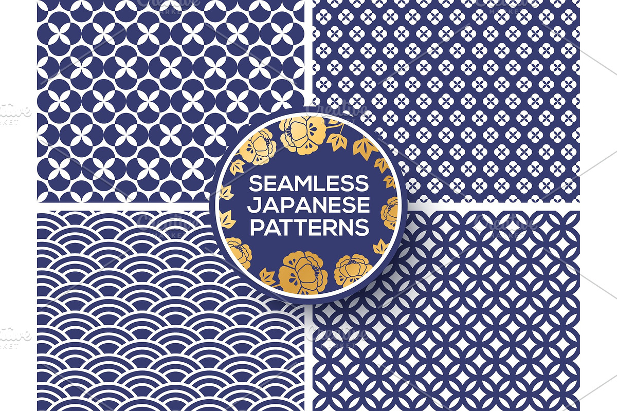 Japanese blue seamless patterns, a Pattern Graphic by kotoffei