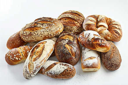 Freshly different baked bread isolated on white background, a Food & Drink Photo by AlyaAnd
