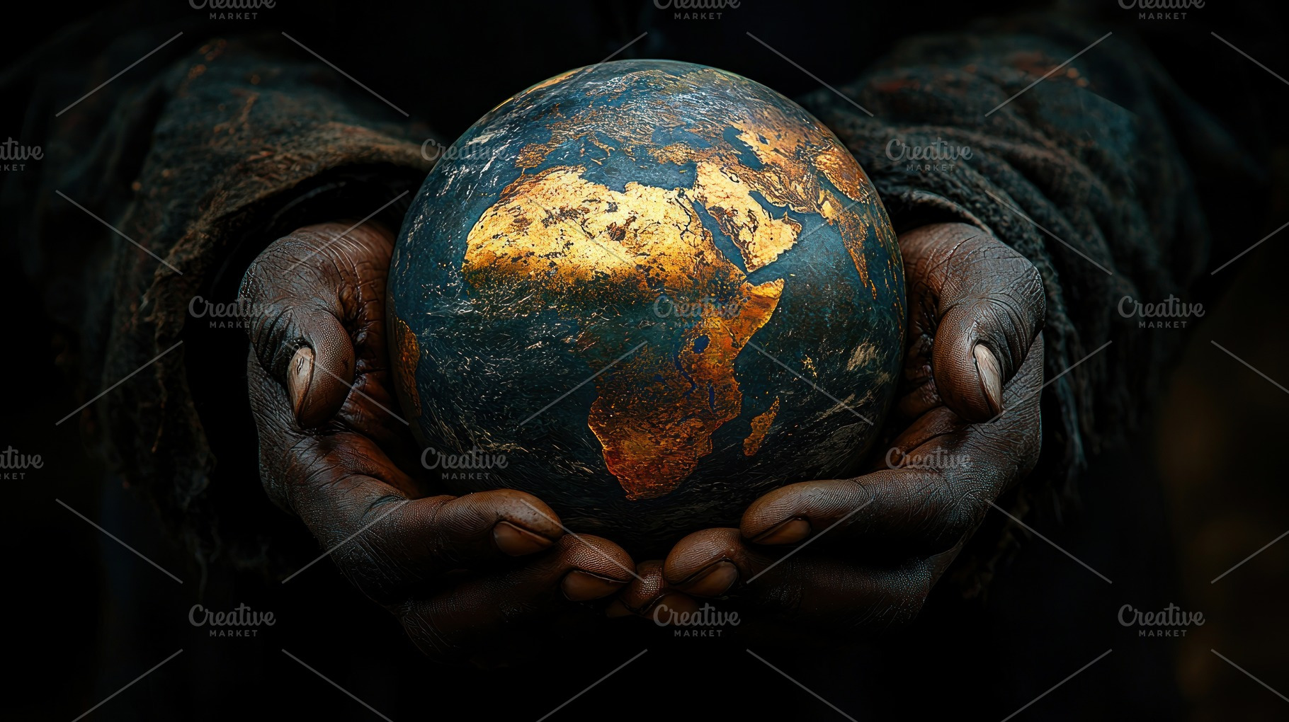 Weathered hands gently holding a textured Earth sphere with gold, a Person Photo by José Manuel Gelpi