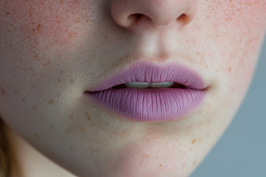 Soft purple lipstick enhances facial features in a close-up capture, a Beauty & Fashion Photo by AlyaAnd