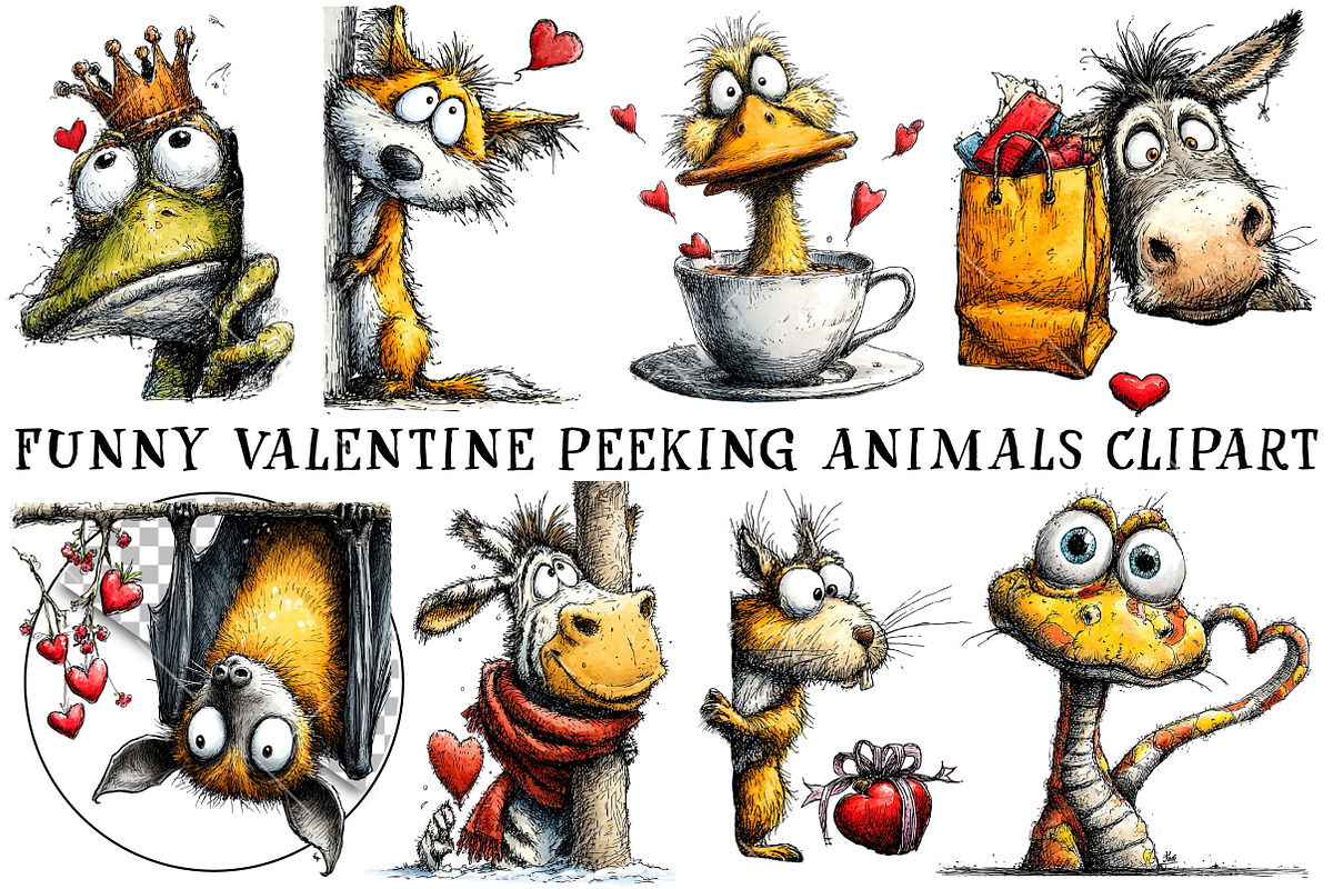 Funny Valentine Peeking Animals Clip, an Illustration by OK Design (Photo 2 of 6)