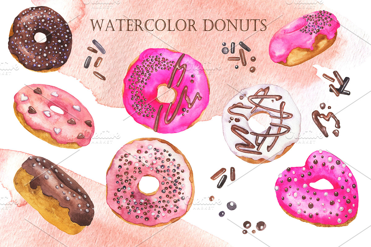 Watercolor donut set, a Food Illustration by Watercolor & sketches (Photo 2 of 7)