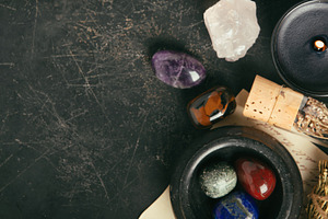 Rustic Aromatherapy and Healing Crystal Arrangement on Dark Back, an Arts & Entertainment Photo by Natalia Klenova's Shop