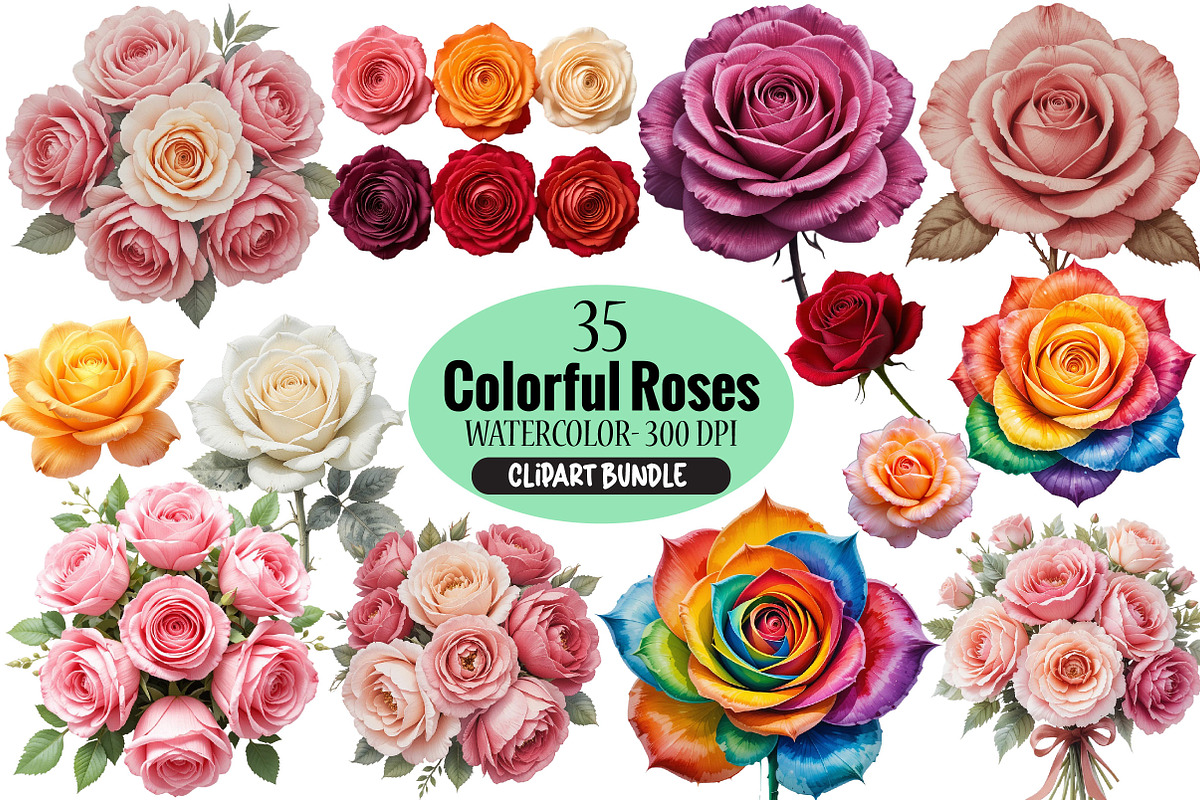 Colorful Roses Watercolor Clipart, an Illustration by Pixels.Craft (Photo 1 of 5)