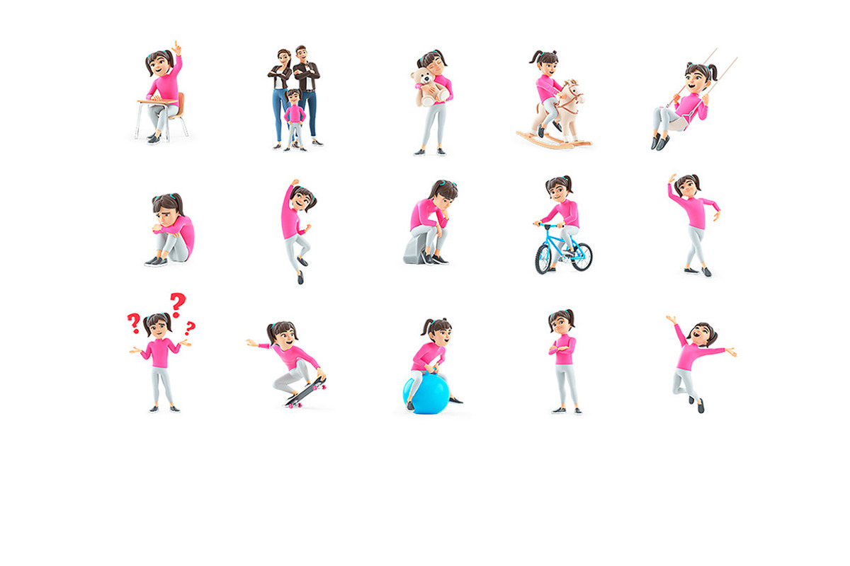 Cartoon Girl – Set of 50 Poses, a Person Illustration by 3DMask (Photo 5 of 6)