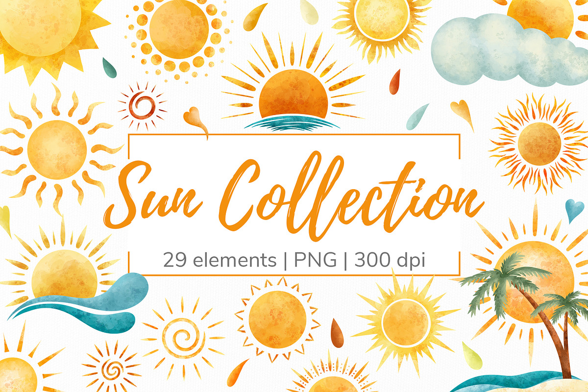 Watercolor Summer Sun Clipart, a Seasonal Illustration by Mespilia (Photo 1 of 5)