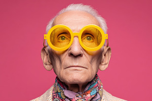 Elderly man wearing bright glasses, a Photo by Beautiful things