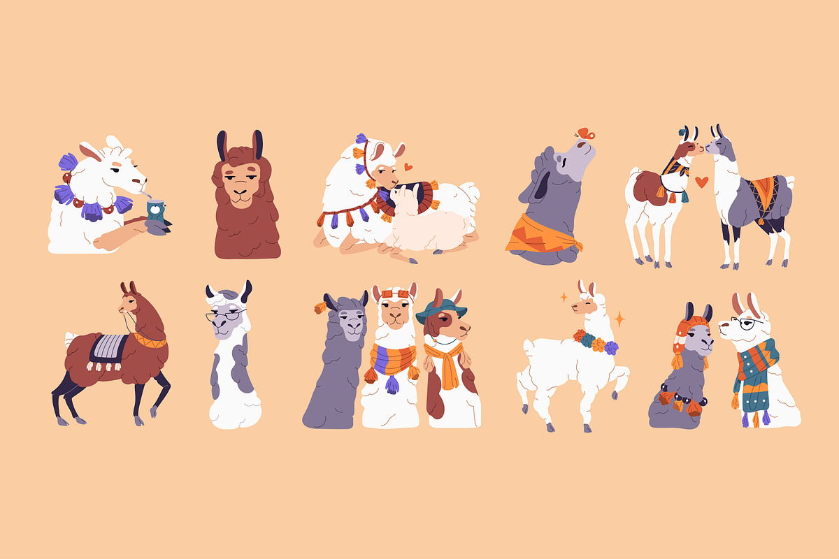 Cute alpacas, llamas set + cards, an Animal Illustration by PaperTrident (Photo 1 of 4)