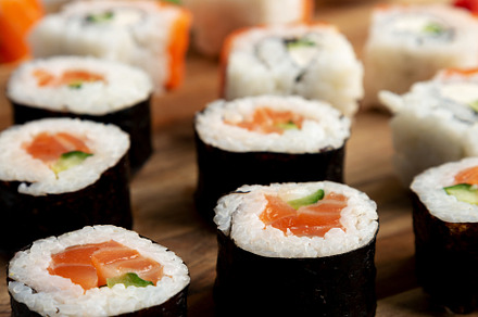 Homemade Sushi Platter with Wasabi and Soy Sauce on a Board, sid, a Food & Drink Photo by LiudmylaChuhunova