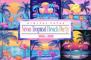 Neon Tropical Beach Party Scene, a Background Graphic by Printable Treasure