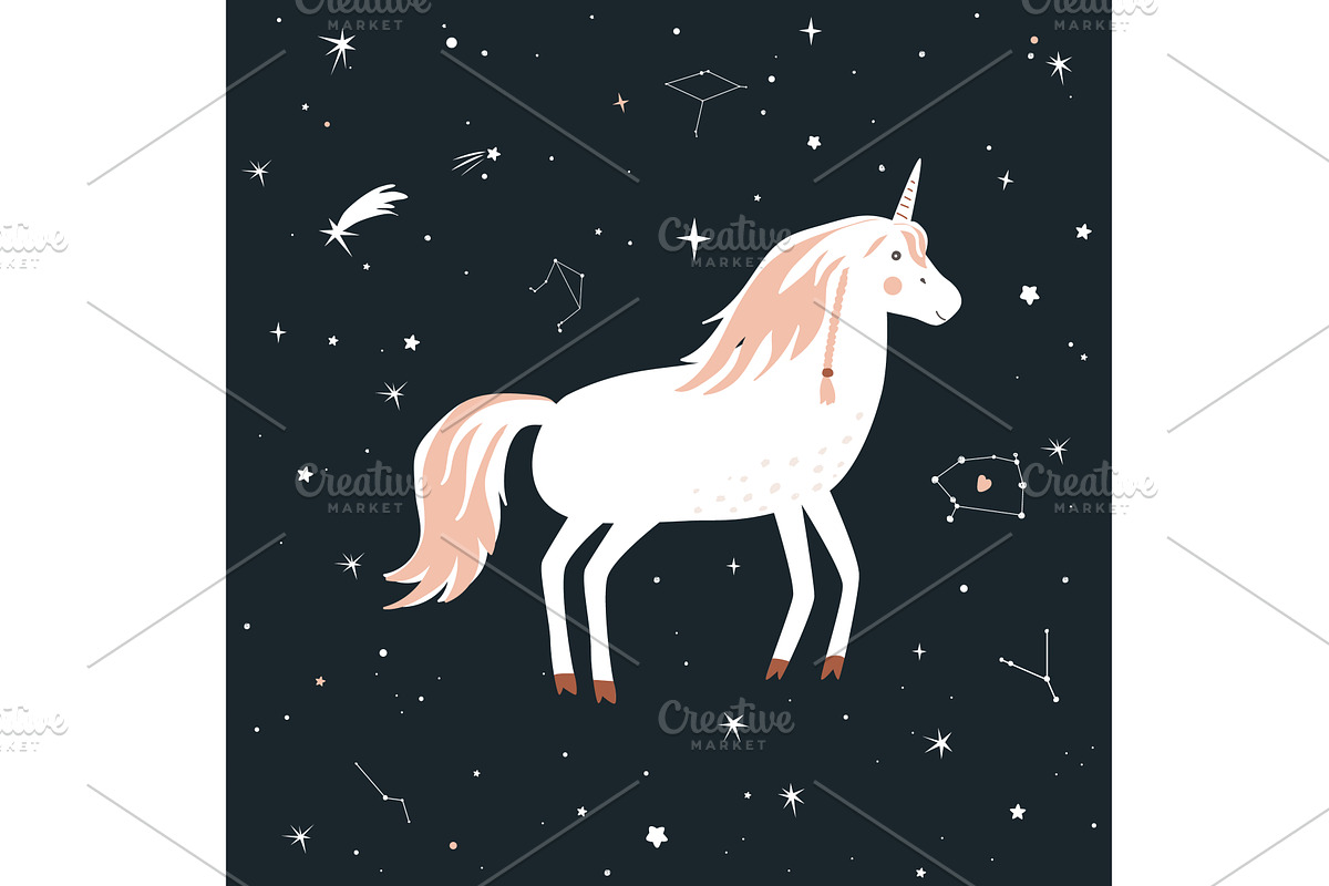 Cute unicorn on the night sky, an Animal Illustration by Toltemara