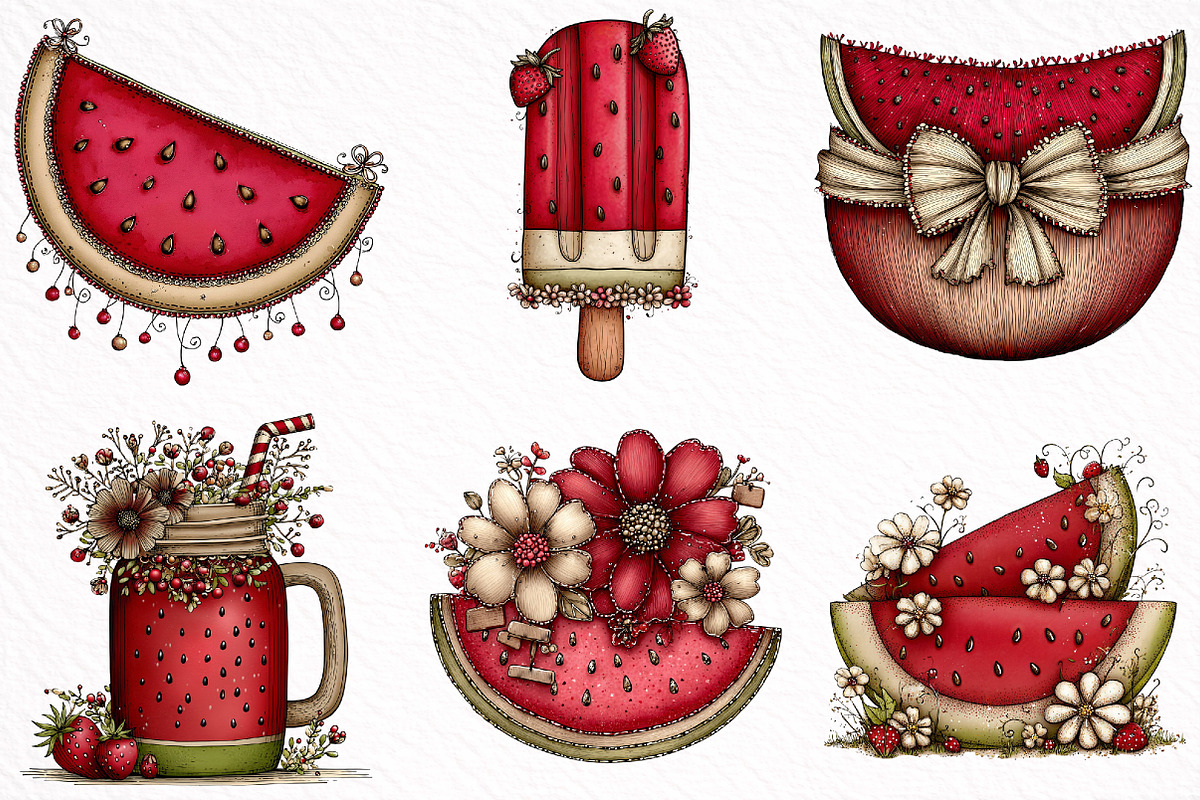 Whimsical Boho Watermelon Clipart, an Illustration by DreamArtGraphic (Photo 4 of 8)
