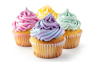 Tasty cupcakes with butter cream on white background, a Food & Drink Photo by AlyaAnd