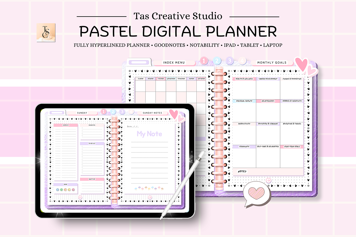 Purple Pink Pastel Digital Planner, a Stationery Template by Tas Creative Studio (Photo 3 of 12)