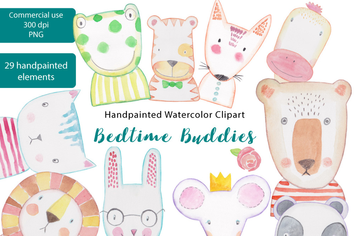 Watercolor Bedtime Buddies PNGs, an Animal Illustration by LittleAcornGraphics (Photo 1 of 8)