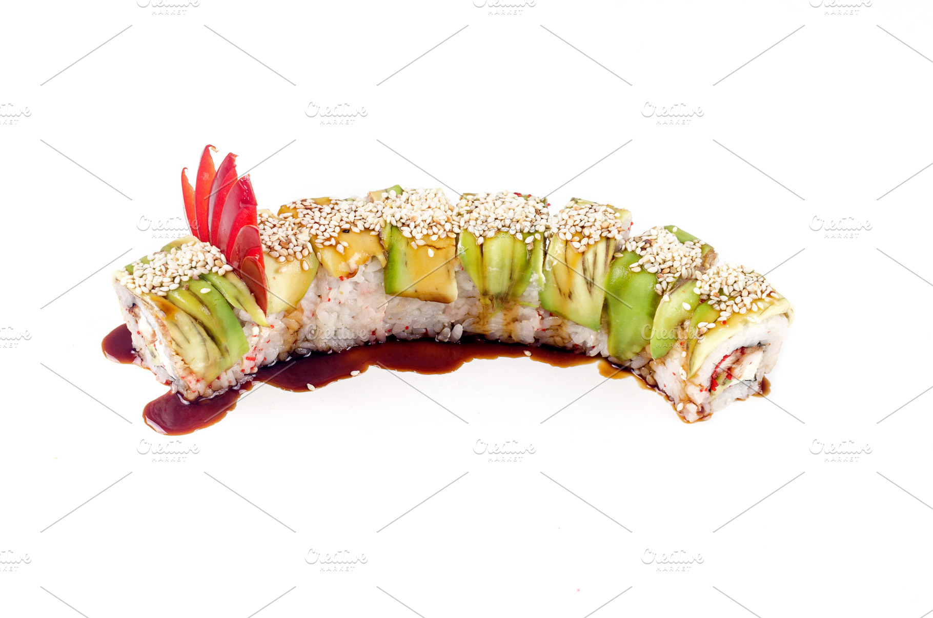 dragon sushi rolls on the white background, a Food & Drink Photo by vimart