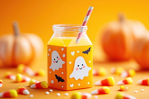 Creative Halloween-themed drink with candy and pumpkins in festive setting, a Food & Drink Photo by AlyaAnd
